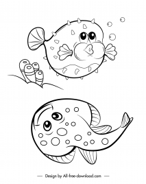 sea animals icons fishes species sketch handdrawn cartoon