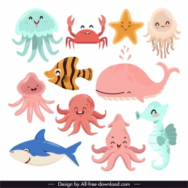 sea creatures icons funny cartoon character sketch