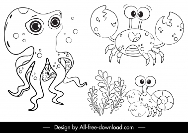 sea creatures icons octopus crab sketch funny cartoon design