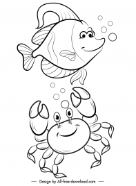 sea creatures icons stylized cartoon sketch handdrawn design