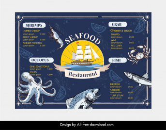 sea food menu template marine elements decor