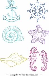 sea symbols icons handdrawn anchor wheel species sketch