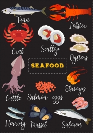 seafood advertising dark design various colored icons