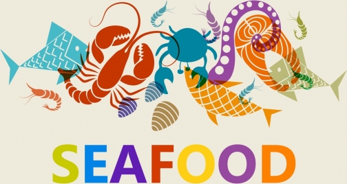seafood background colorful marine species icons flat sketch