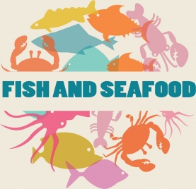 seafood background multicolored silhouette various flat icons