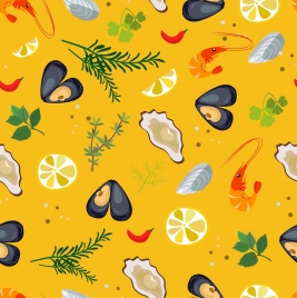seafood background oyster shrimp ingredients icons repeating design