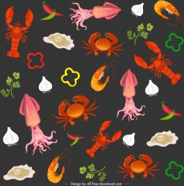 seafood pattern dark multicolored decor repeating icons