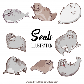 seal animals icons cute cartoon sketch