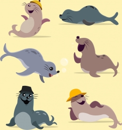seal icons collection various funny gestures cartoon style