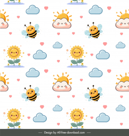 seamless pattern template cute cartoon bee stylized cloud sun