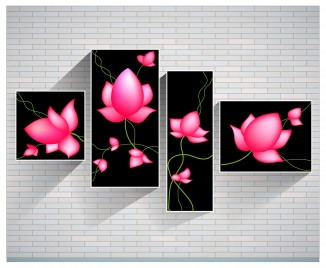 sets of pink lotus paintings on brickwall background