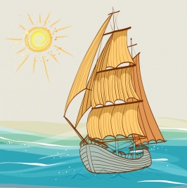 ship drawing sea sun icons multicolored handdrawn sketch