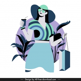 shopping woman icon colored cartoon character sketch