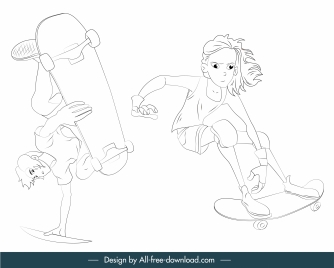 skateboarder icons dynamic design handdrawn cartoon sketch