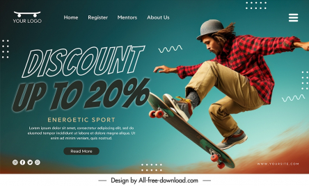 skateboarding landing page discount template dynamic contrast