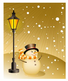 Snowman stands under a lamp on snowy evening