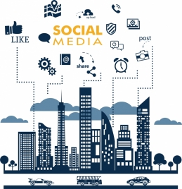 social media design elements on cityscape background
