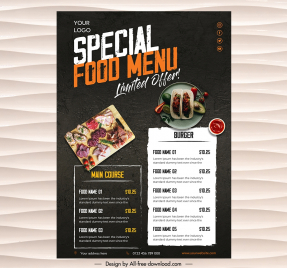 special food menu template elegant dark flat