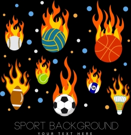 sports background various balls icons flaming decoration
