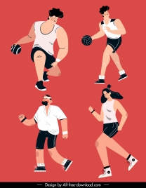 sports icons motion man woman sketch cartoon characters