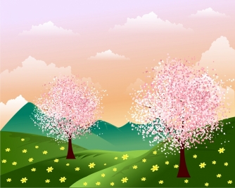 spring background blossom flowers on hill cartoon design