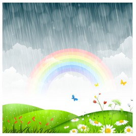 spring landscape with flower and rainbow