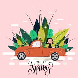 spring poster car girl natural plants icons