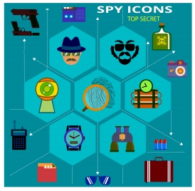 spy icons with tools and symbols infographic illustration