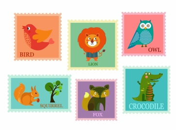 stamps collection design with cute animals background