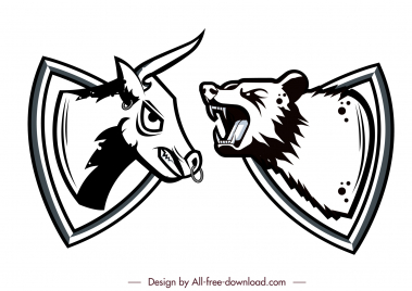 stock trade sign icons black white bear bull heads sketch