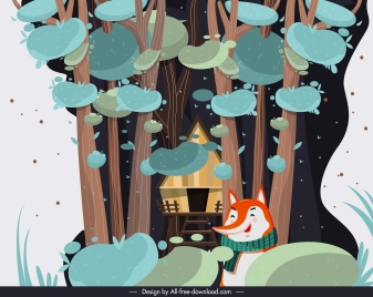 story background jungle cottage stylized fox sketch