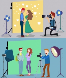 studio background sets cameraman couple icons cartoon design