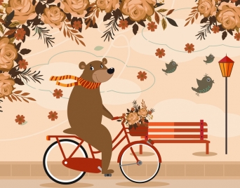 stylized animal drawing bear riding bicycle roses icons