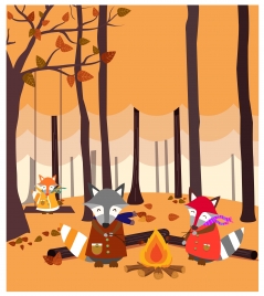 stylized fox family firing in leafless forest drawing