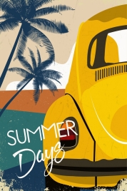 summer background car beach icons closeup retro design