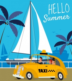 summer banner taxi ship icons cartoon design