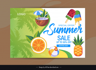 summer discount banner template flat fruits cream decor