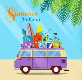 summer holiday banner car surfboard luggage icons