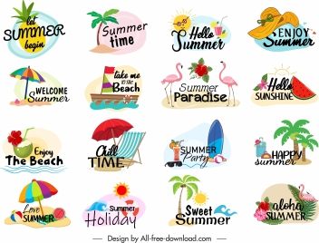 summer holiday logotypes colorful beach symbols sketch