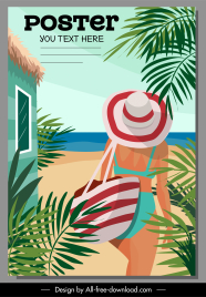 summer poster bikini girl sea view sketch