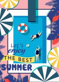 summer poster swimming pool umbrella icons flat design