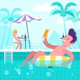 summer time background relaxed people swimming pool icons
