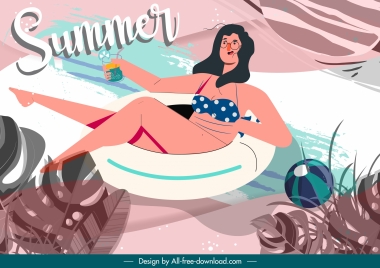 summer time banner bikini girl relaxation cartoon sketch