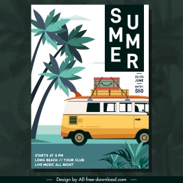 summer travel flyer classical design bus coconut sketch
