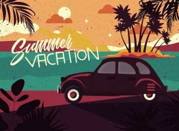 summer vacation background sea car icons retro design