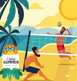 summer vacation banner men playing volleyball colored cartoon