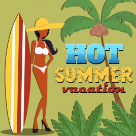 summer vacation poster bikini woman coconut surfboard icons