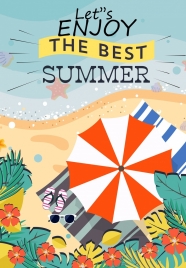summer vacation poster seaside umbrella icons colored cartoon