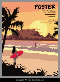 summer vacation poster sunset sea scene sketch