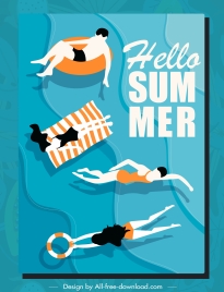 summer vacation poster swimmers sketch flat classic design